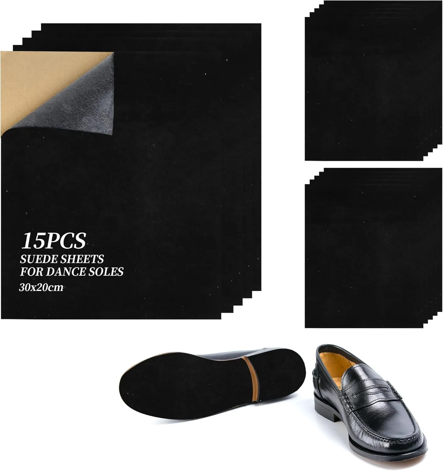 15 PiecesStick-on Faux Suede Soles for Dance Shoes, 11.8x7.87 Black Suede SheetsSelf Adhesive Suede Sticky Sheets Backing Non Slip Sole Protector for Dance Shoes, High Heeled Shoes.