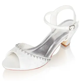 8964 Women's Bridal Shoes Peep Toe 1.9'' Block Low Heel Lace Satin Pumps Sandals Wedding Shoes