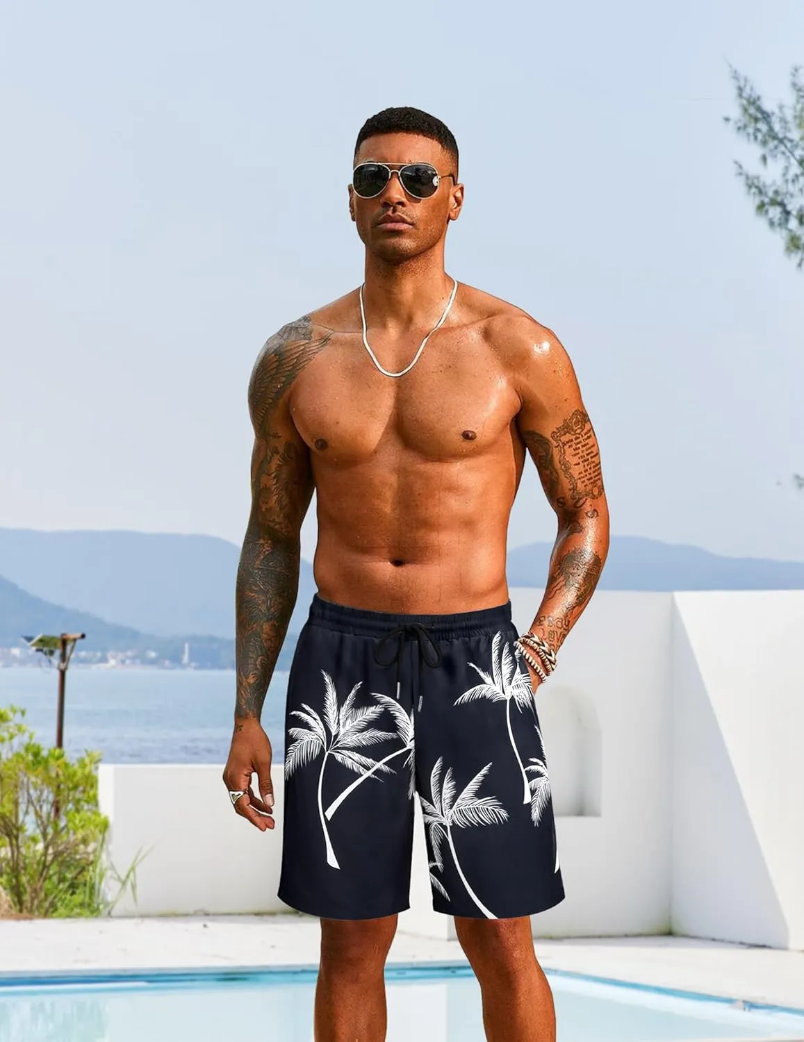 COOFANDY Men's Hawaiian Beach Shorts Elastic Waist Drawstring Lightweight Summer Casual Shorts with Pocket