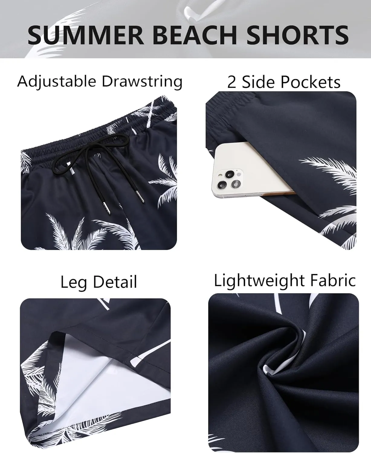 COOFANDY Men's Hawaiian Beach Shorts Elastic Waist Drawstring Lightweight Summer Casual Shorts with Pocket