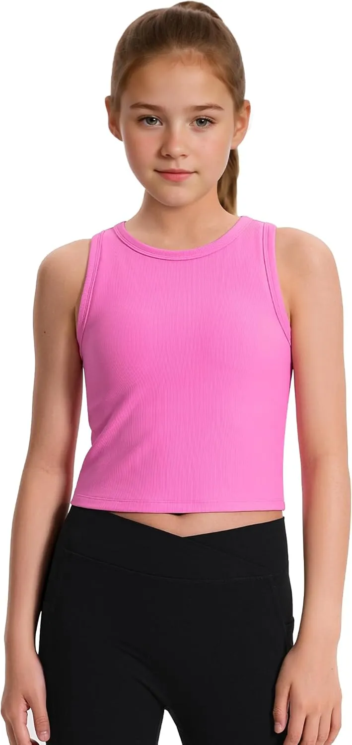 JOCMIC Girls Tank Tops Kids Athletic Tank Ribbed Knit High Neck Crop Tops for Gym Yoga