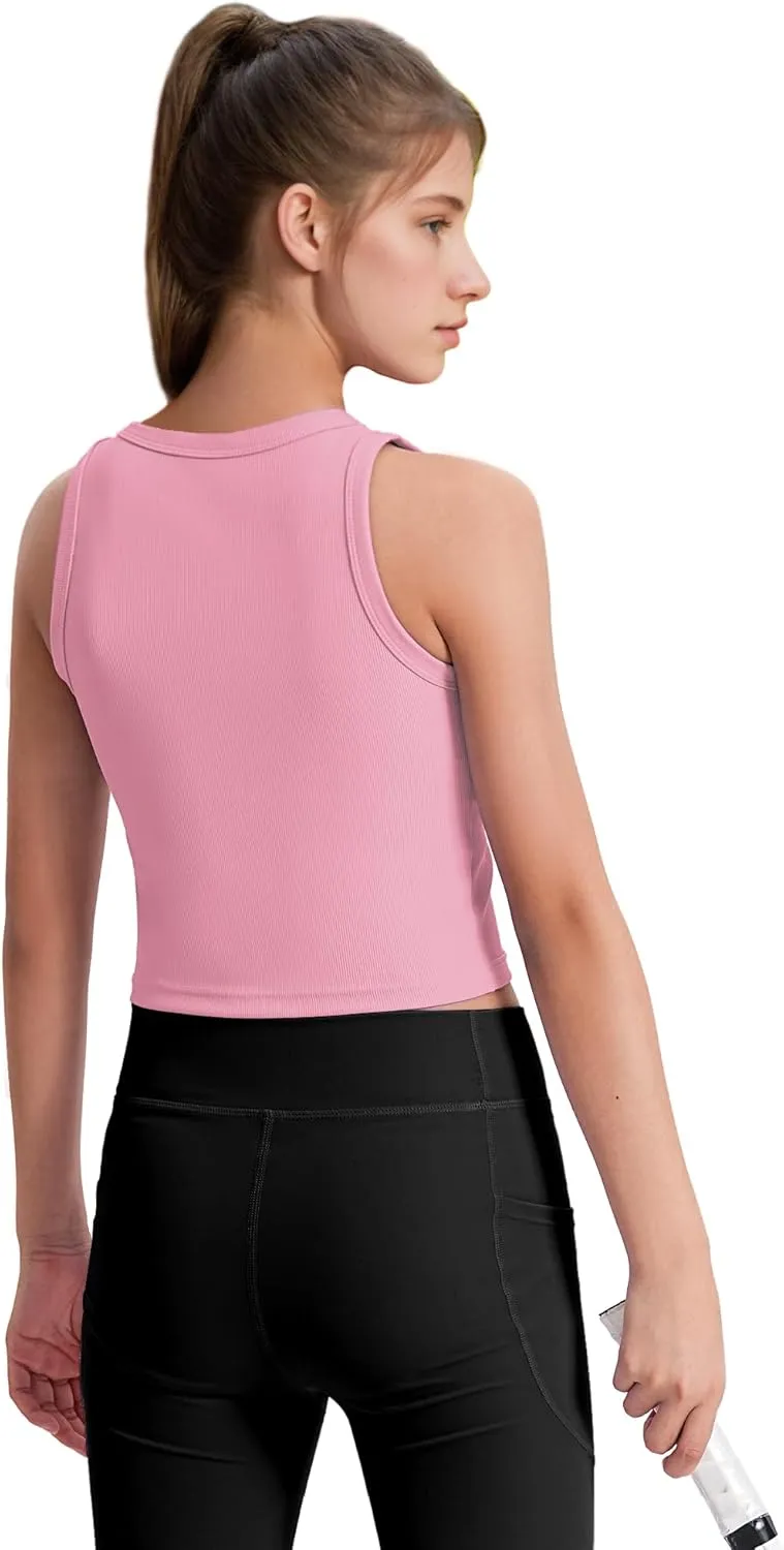 JOCMIC Girls Tank Tops Kids Athletic Tank Ribbed Knit High Neck Crop Tops for Gym Yoga