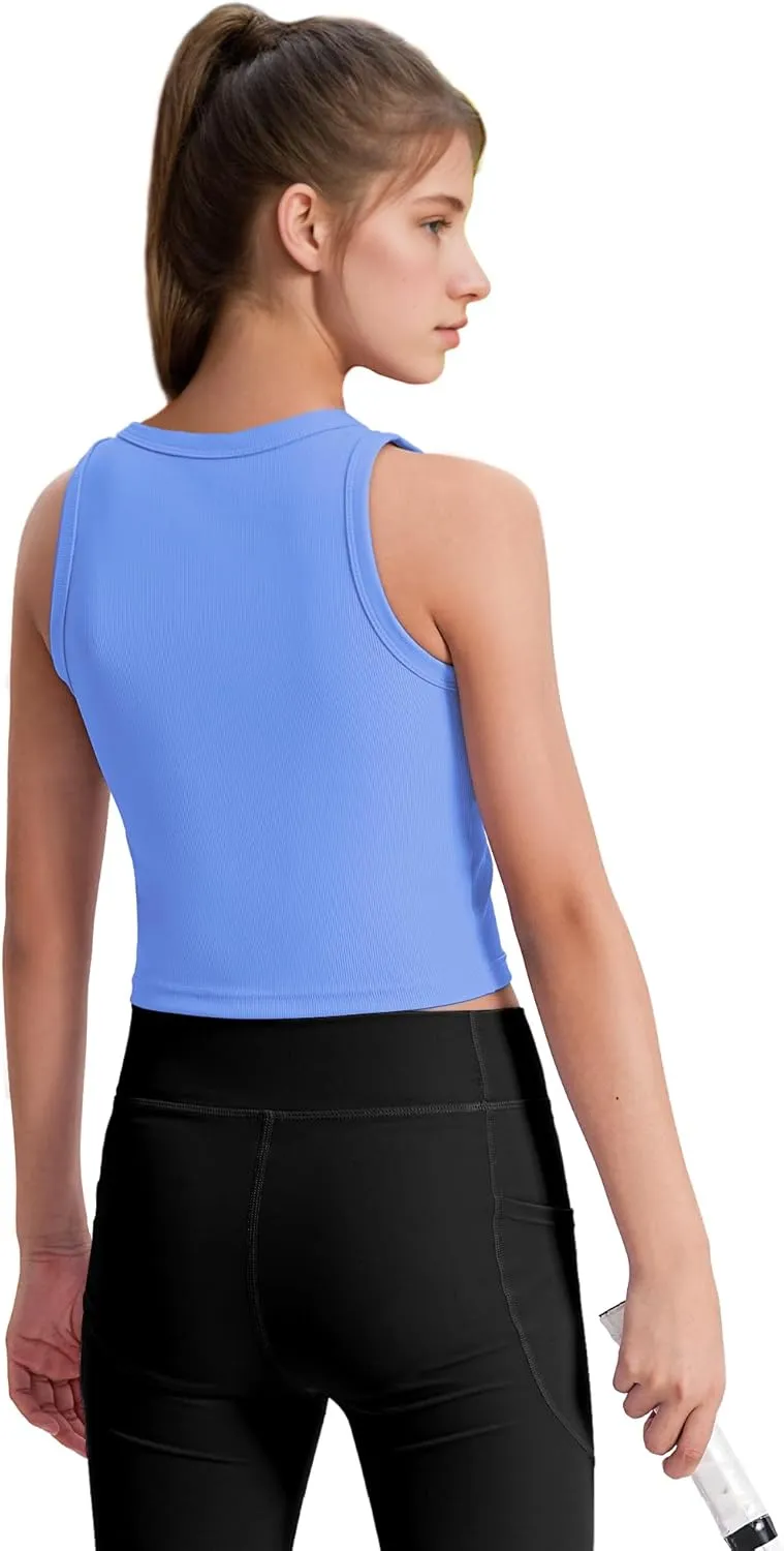 JOCMIC Girls Tank Tops Kids Athletic Tank Ribbed Knit High Neck Crop Tops for Gym Yoga