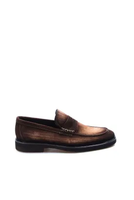 Men's Brown Suede Penny Loafers with Low Heel - Wessi