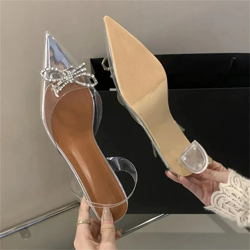 Sexy PVC Transparent Butterfly-knot Women Fashion Party Shoes Elegant Slingbacks Mules Sandals Low Heel Pumps