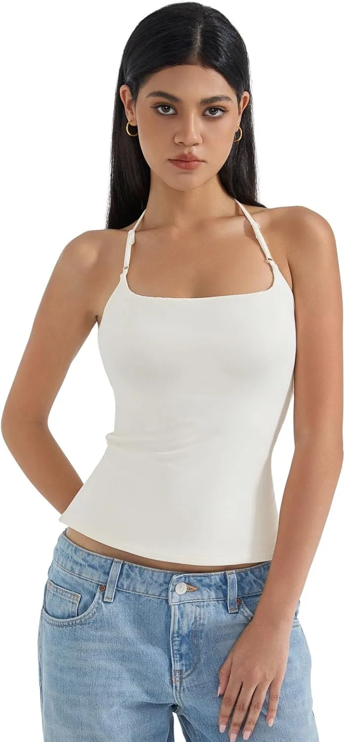 SUUKSESS Women Halter Double Lined Tank Top Backless Going Out Camisole Crop Top