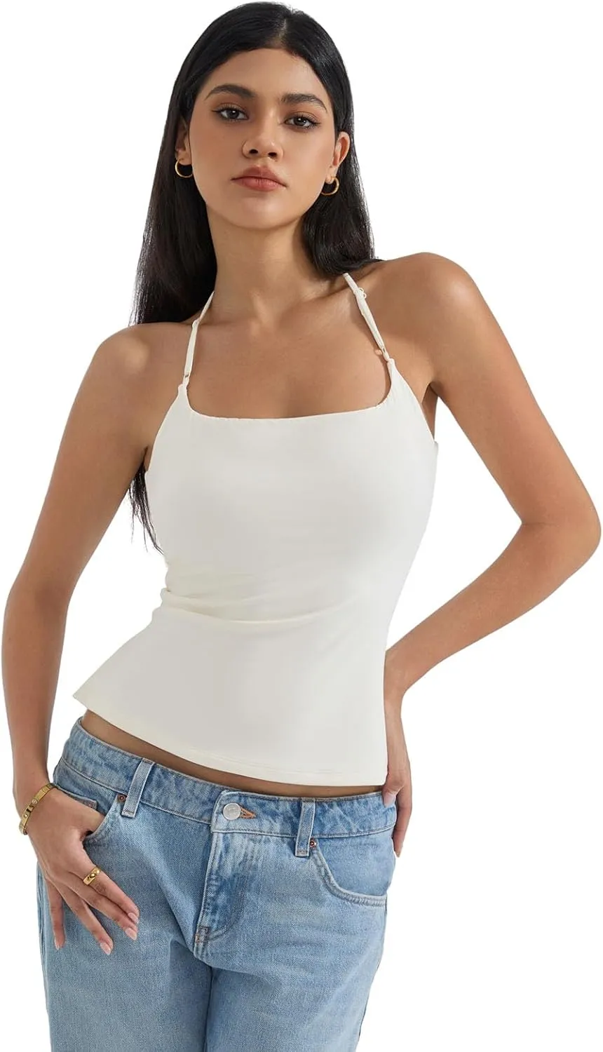 SUUKSESS Women Halter Double Lined Tank Top Backless Going Out Camisole Crop Top