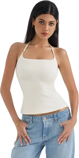 SUUKSESS Women Halter Double Lined Tank Top Backless Going Out Camisole Crop Top