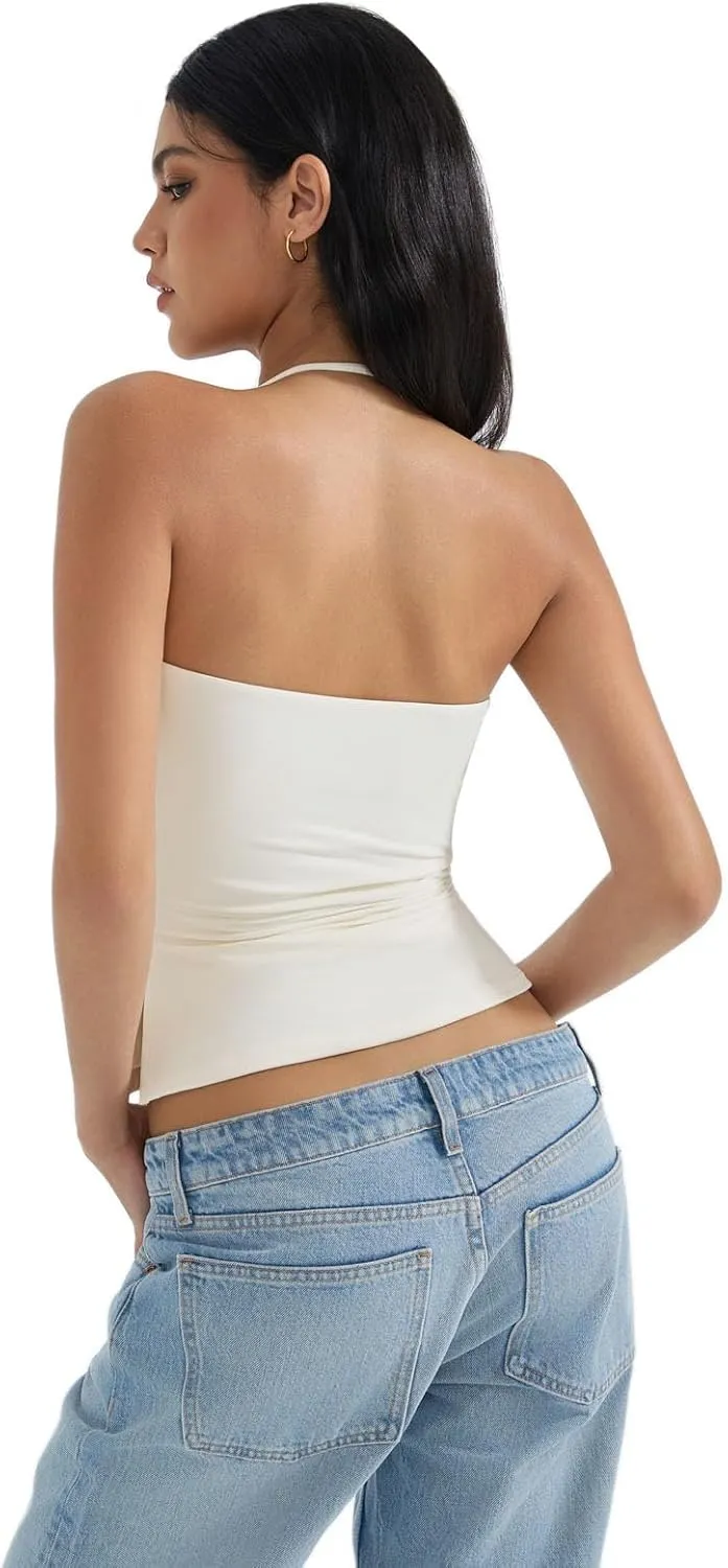SUUKSESS Women Halter Double Lined Tank Top Backless Going Out Camisole Crop Top