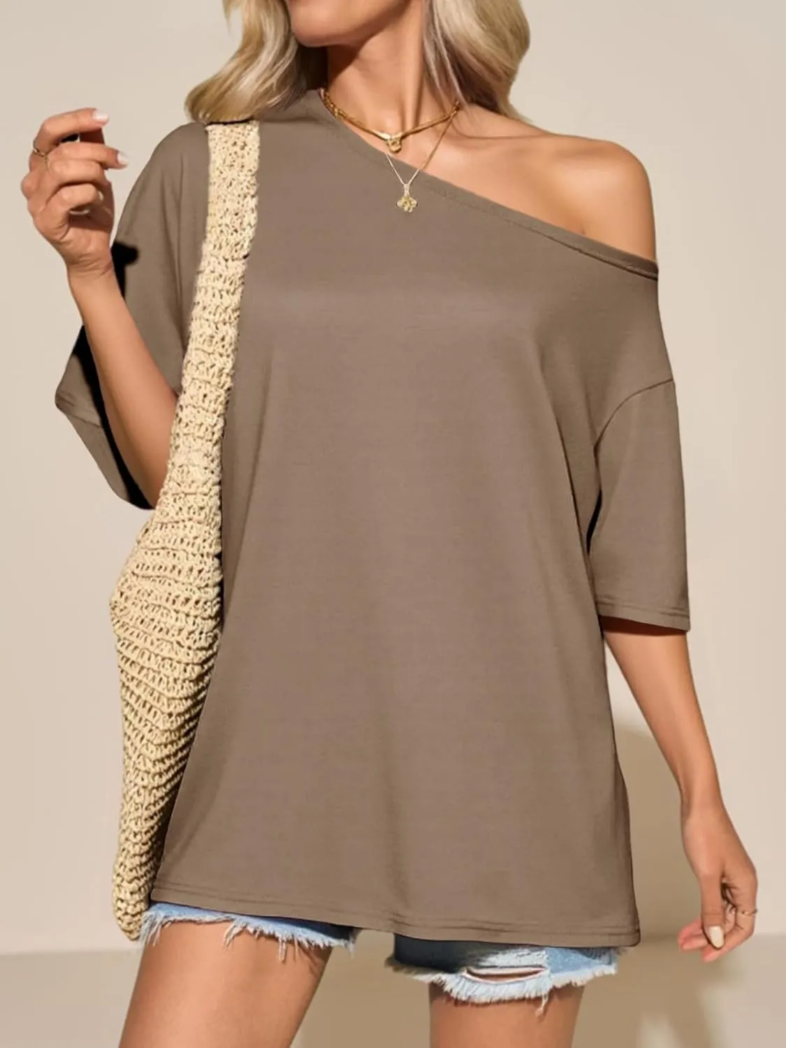 Tankaneo Womens Oversized Off The Shoulder T Shirt Cotton Short Sleeve Casual Tunic Tops Summer Loose Fit Flowy Tees