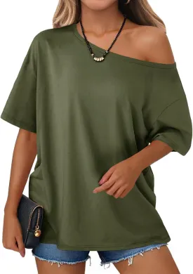 Tankaneo Womens Oversized Off The Shoulder T Shirt Cotton Short Sleeve Casual Tunic Tops Summer Loose Fit Flowy Tees
