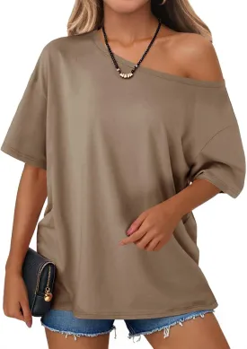 Tankaneo Womens Oversized Off The Shoulder T Shirt Cotton Short Sleeve Casual Tunic Tops Summer Loose Fit Flowy Tees