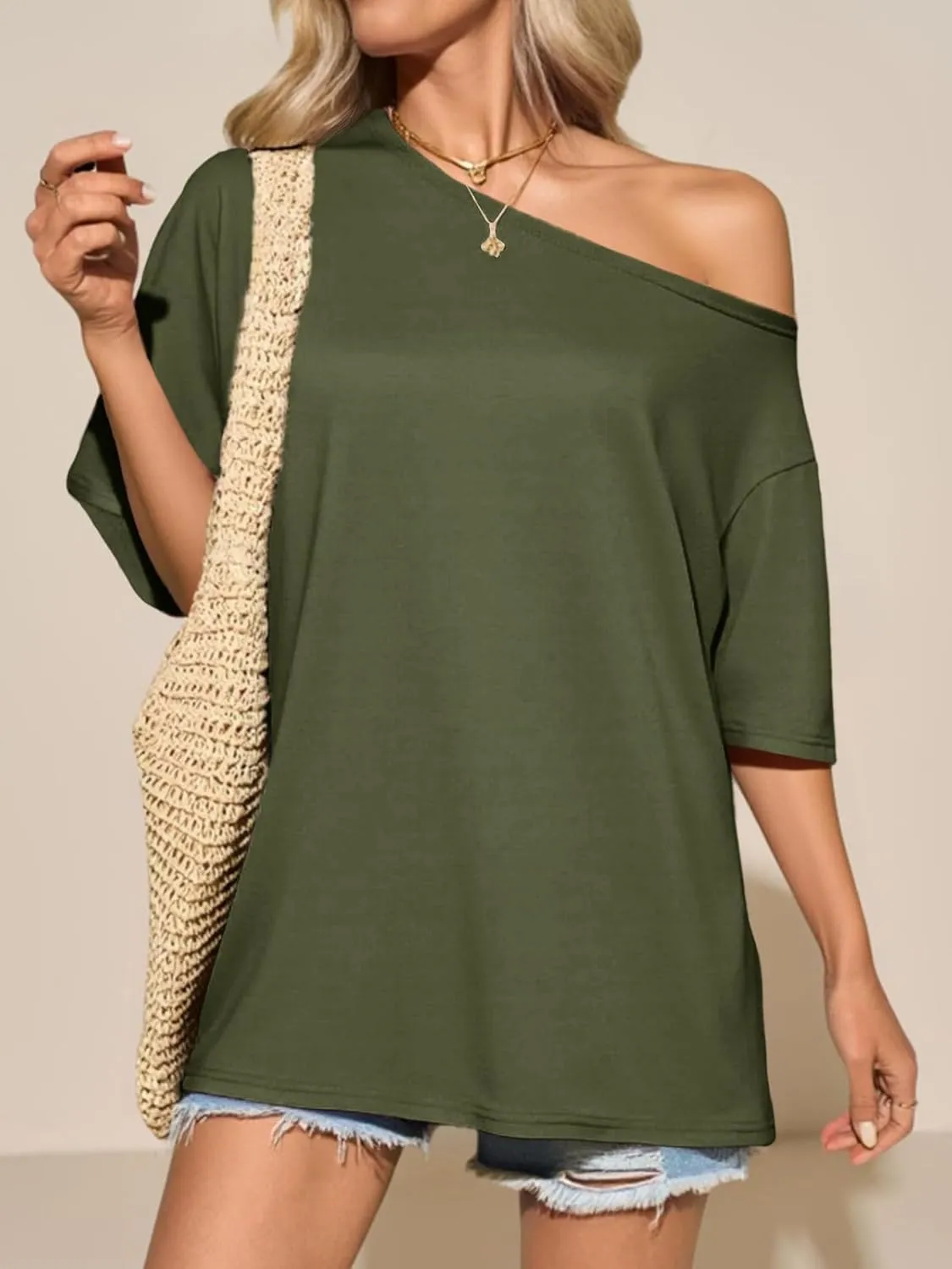 Tankaneo Womens Oversized Off The Shoulder T Shirt Cotton Short Sleeve Casual Tunic Tops Summer Loose Fit Flowy Tees