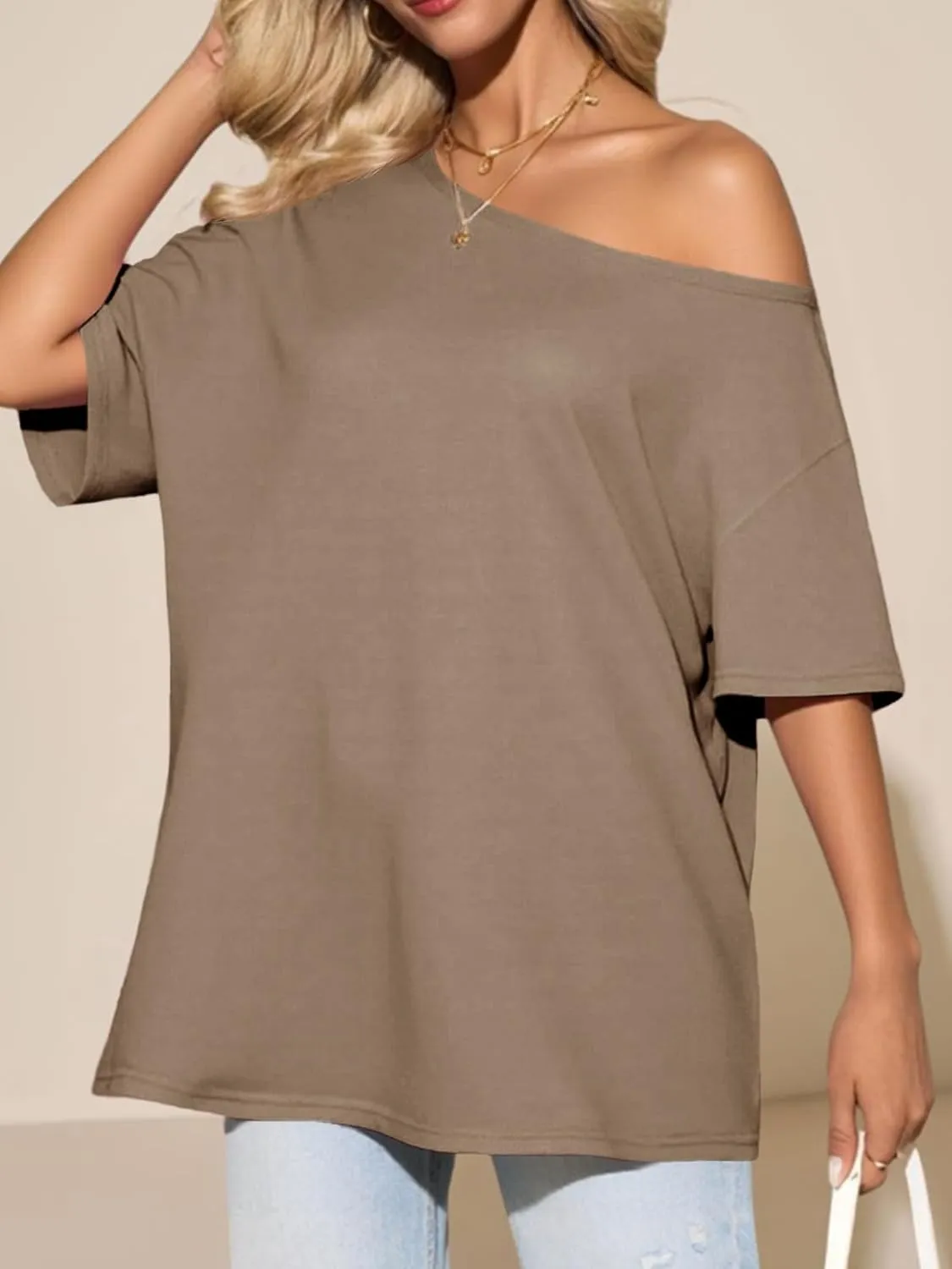 Tankaneo Womens Oversized Off The Shoulder T Shirt Cotton Short Sleeve Casual Tunic Tops Summer Loose Fit Flowy Tees