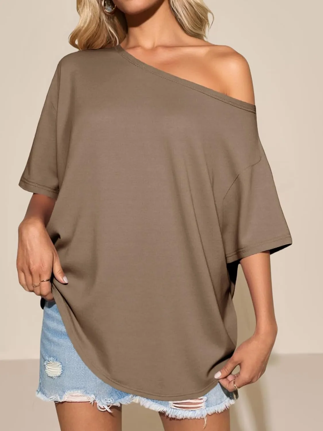 Tankaneo Womens Oversized Off The Shoulder T Shirt Cotton Short Sleeve Casual Tunic Tops Summer Loose Fit Flowy Tees