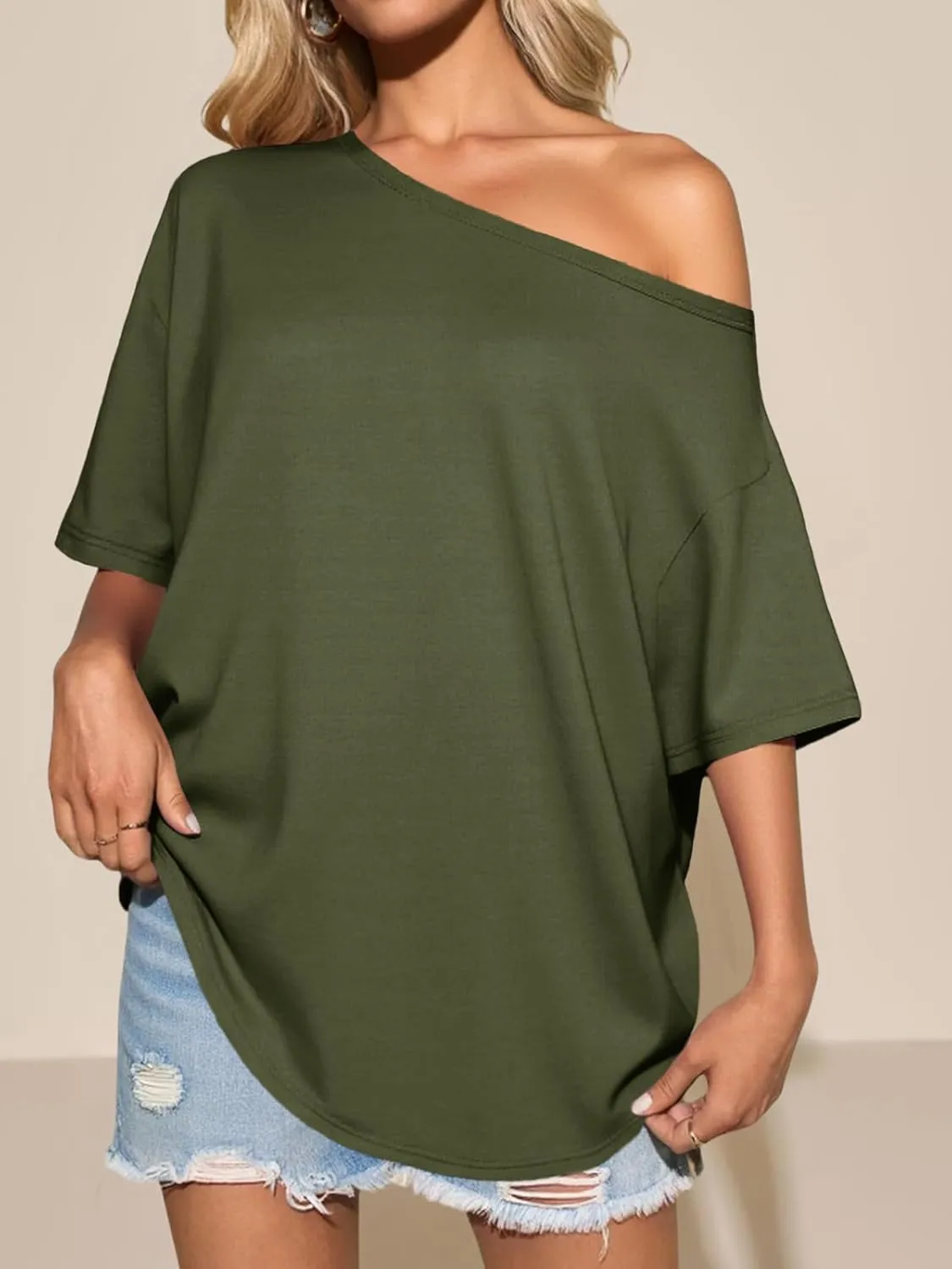 Tankaneo Womens Oversized Off The Shoulder T Shirt Cotton Short Sleeve Casual Tunic Tops Summer Loose Fit Flowy Tees