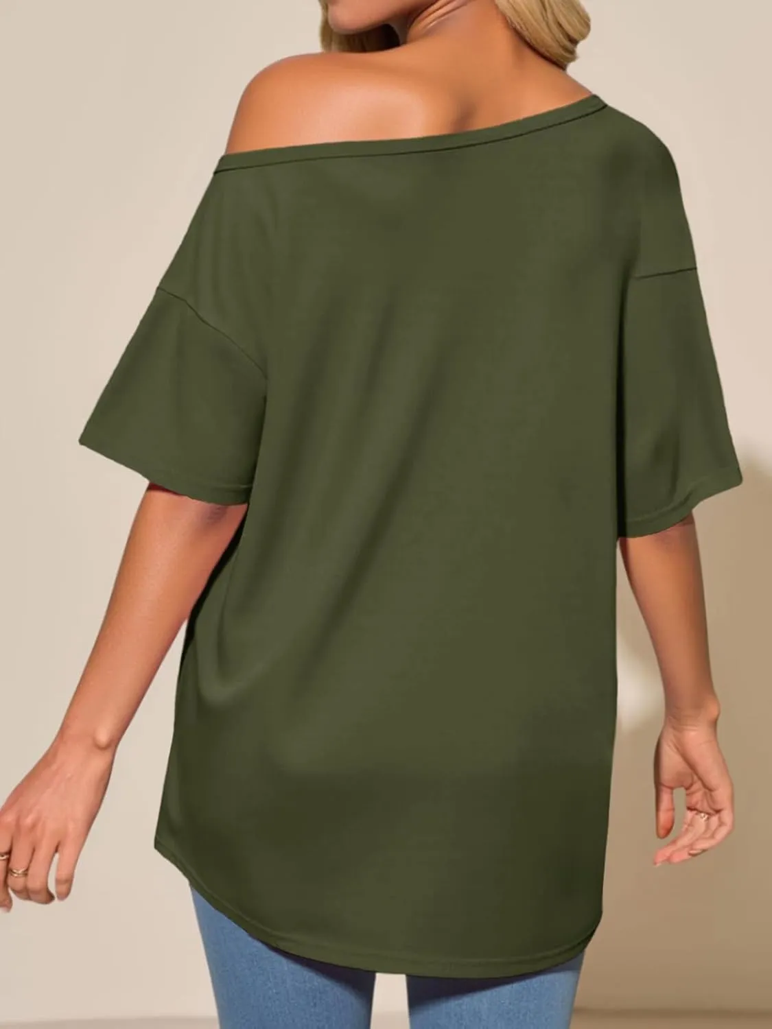 Tankaneo Womens Oversized Off The Shoulder T Shirt Cotton Short Sleeve Casual Tunic Tops Summer Loose Fit Flowy Tees