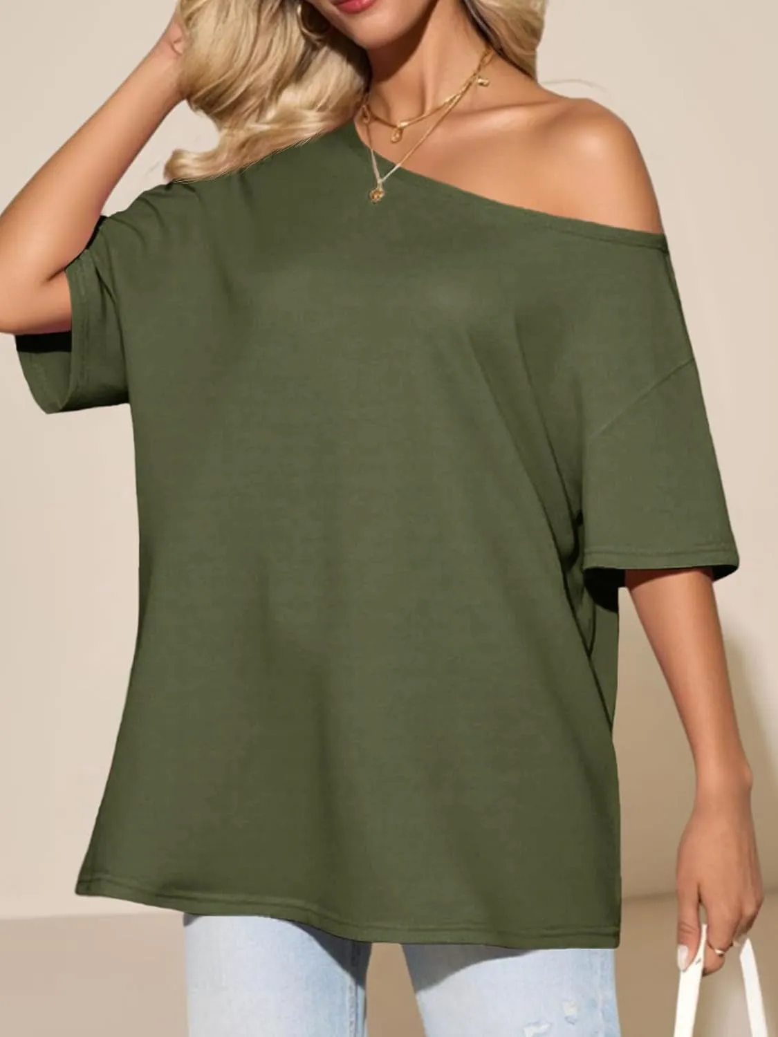 Tankaneo Womens Oversized Off The Shoulder T Shirt Cotton Short Sleeve Casual Tunic Tops Summer Loose Fit Flowy Tees