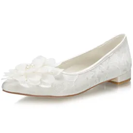 Women's Bridal Shoes Closed Toe 0.6'' Block Low Heel Lace Satin Pumps Flower Wedding Shoes