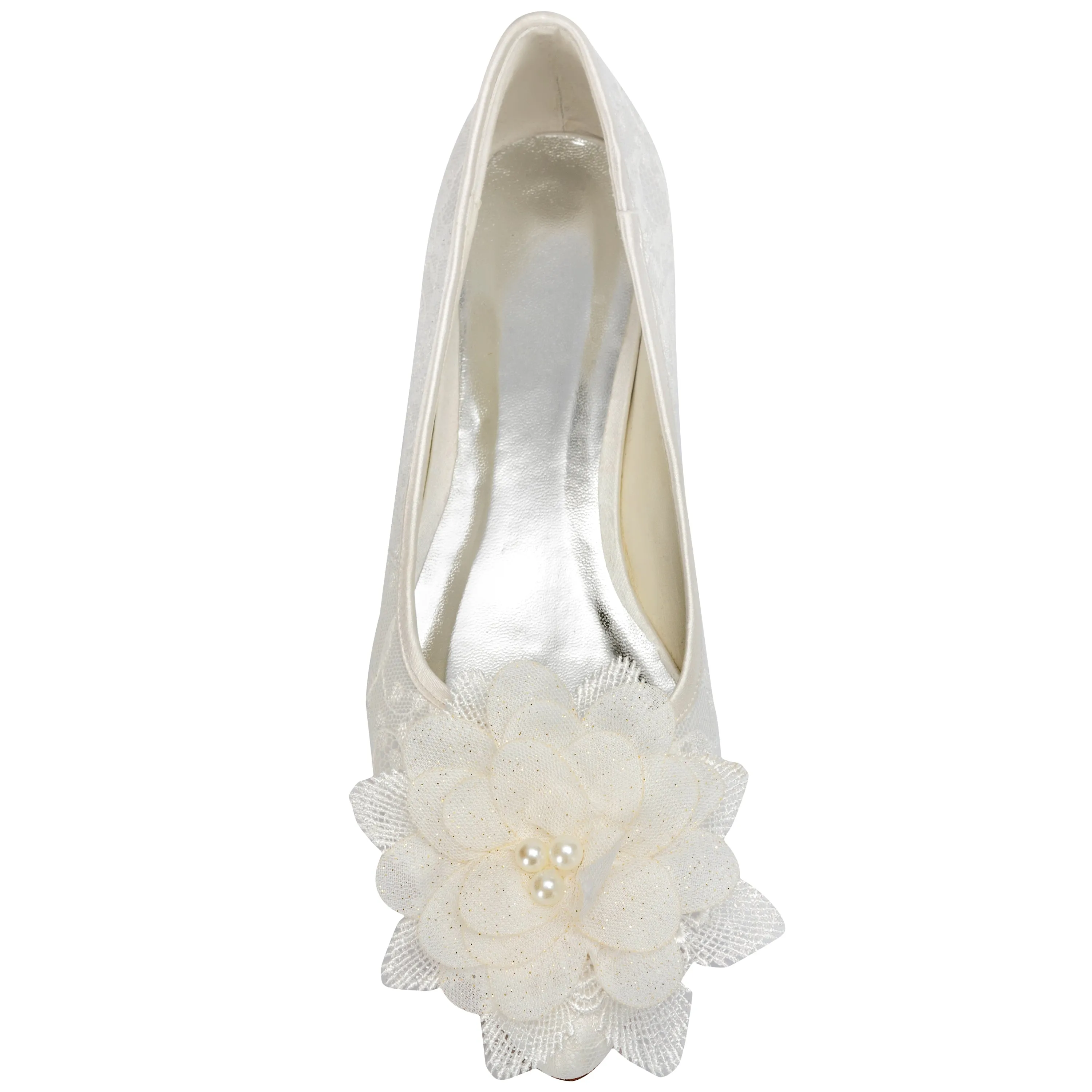 Women's Bridal Shoes Closed Toe 0.6'' Block Low Heel Lace Satin Pumps Flower Wedding Shoes