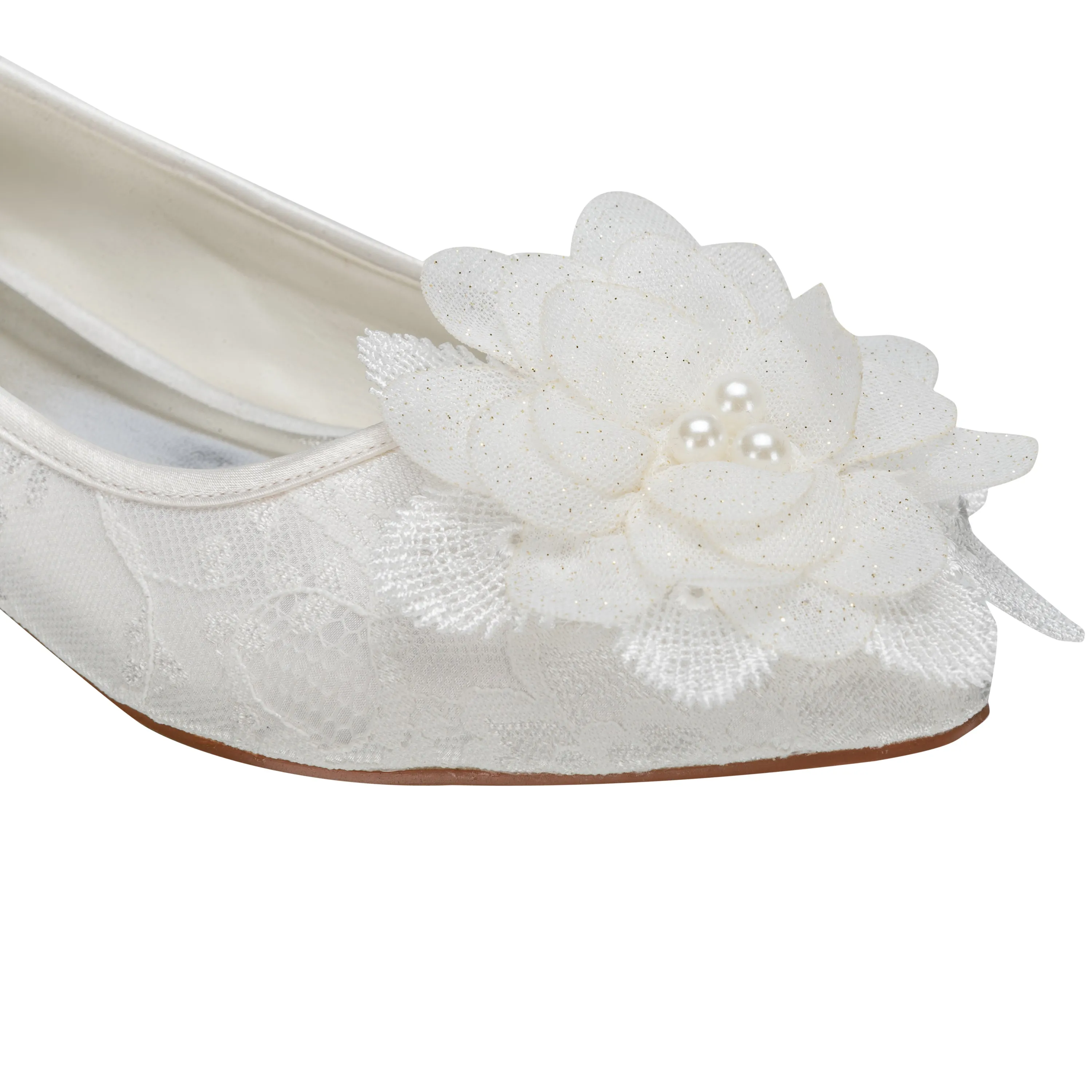 Women's Bridal Shoes Closed Toe 0.6'' Block Low Heel Lace Satin Pumps Flower Wedding Shoes