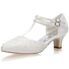 Women's Bridal Shoes Closed Toe T-Strap Block Low Heel Lace Satin Pumps Wedding Shoes