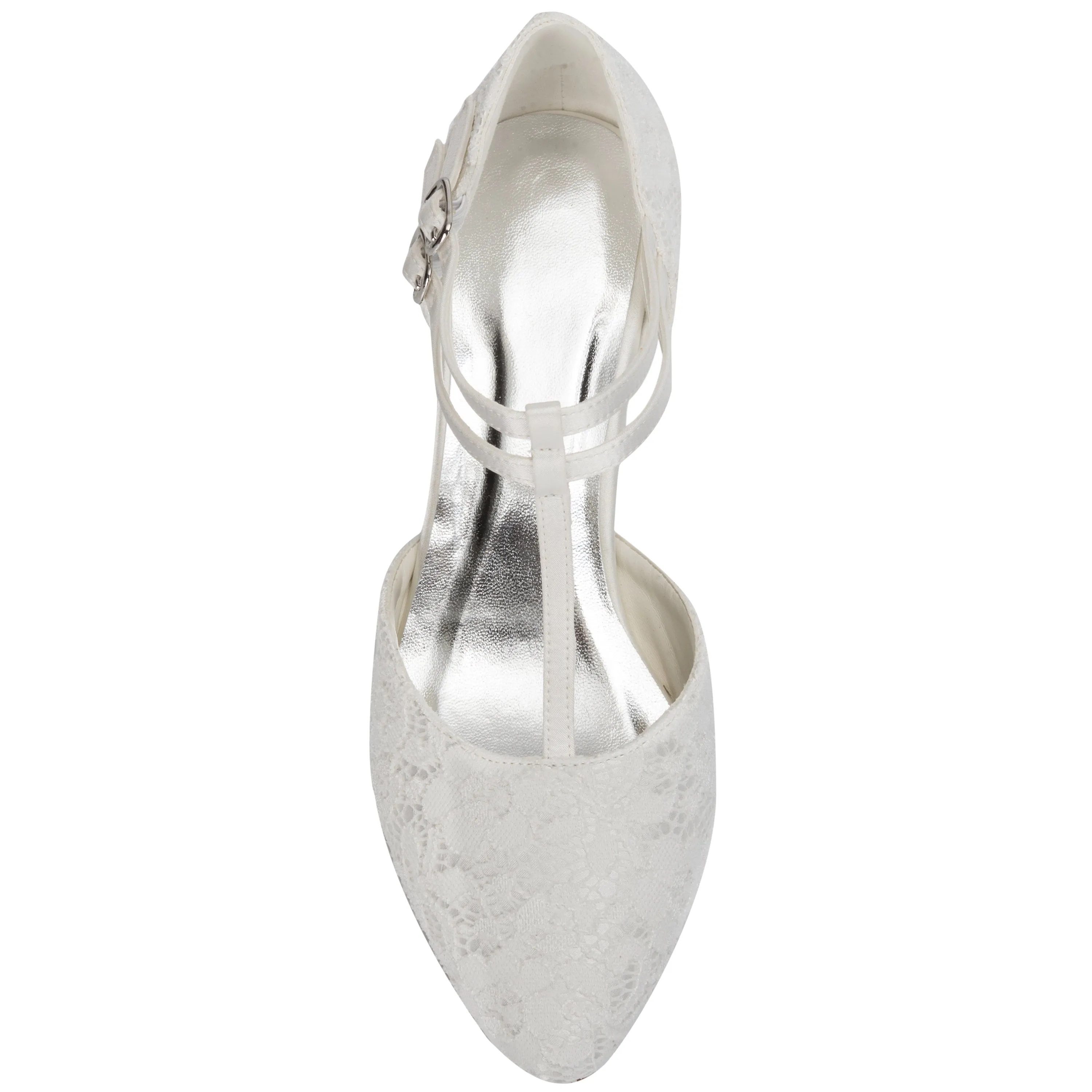 Women's Bridal Shoes Closed Toe T-Strap Block Low Heel Lace Satin Pumps Wedding Shoes