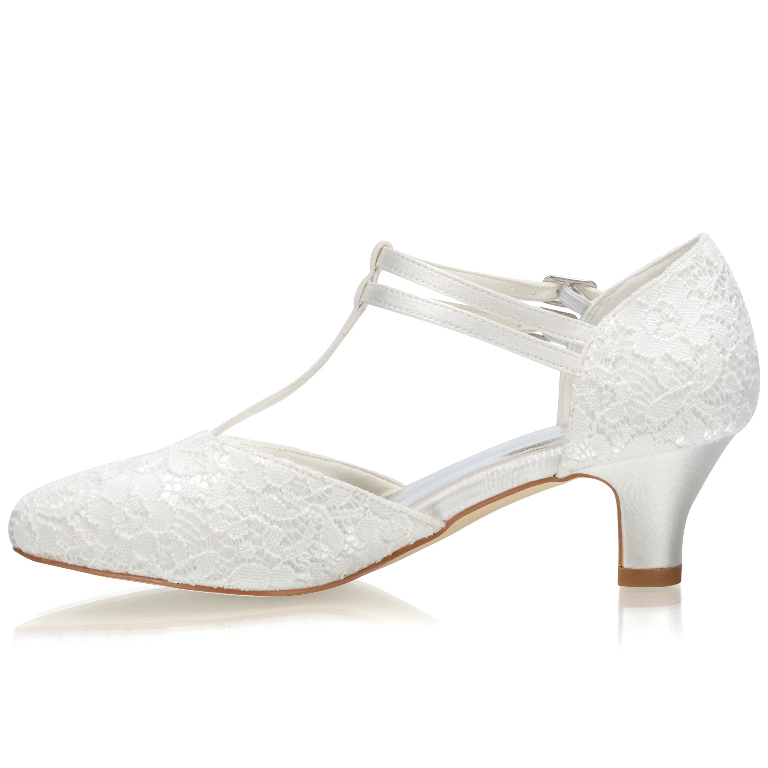 Women's Bridal Shoes Closed Toe T-Strap Block Low Heel Lace Satin Pumps Wedding Shoes