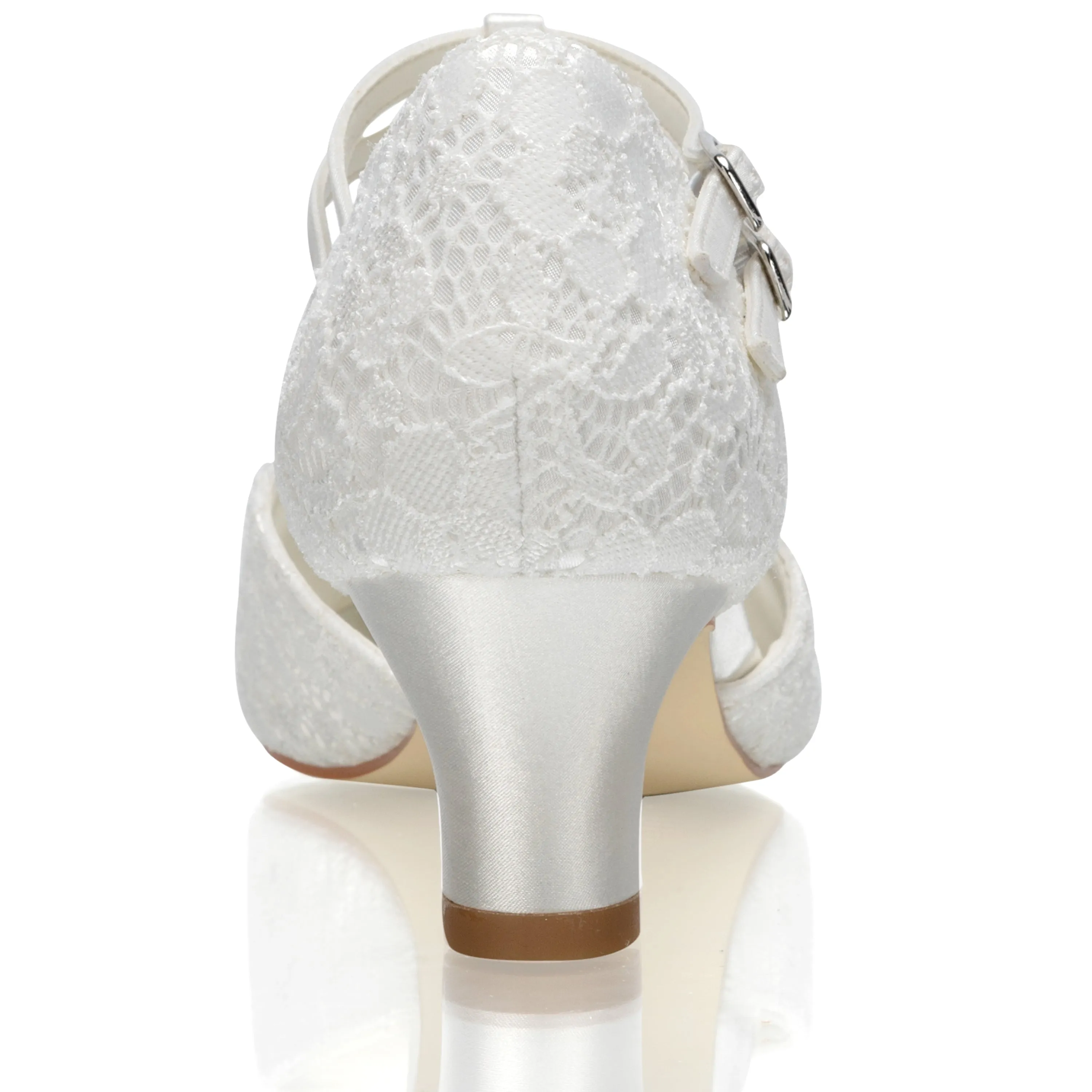 Women's Bridal Shoes Closed Toe T-Strap Block Low Heel Lace Satin Pumps Wedding Shoes