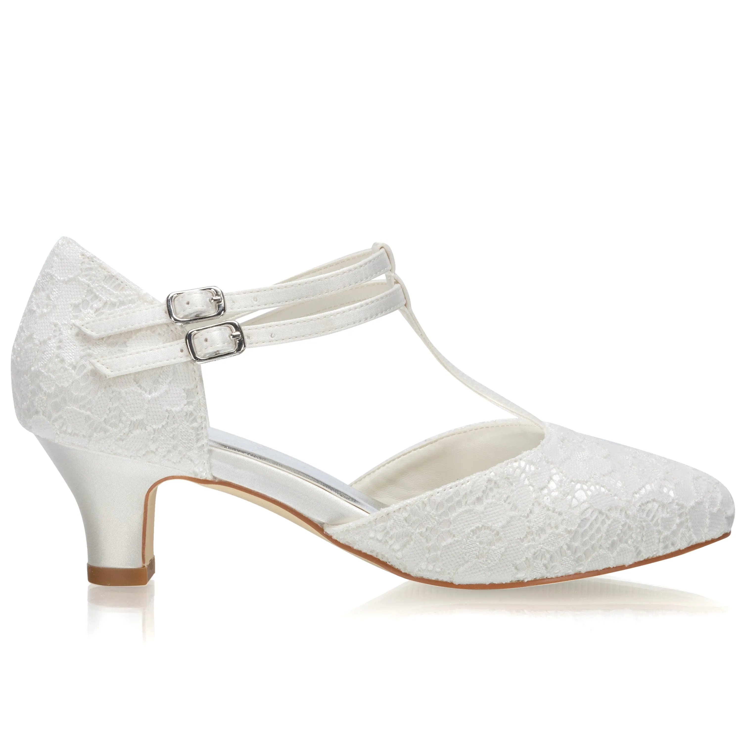 Women's Bridal Shoes Closed Toe T-Strap Block Low Heel Lace Satin Pumps Wedding Shoes