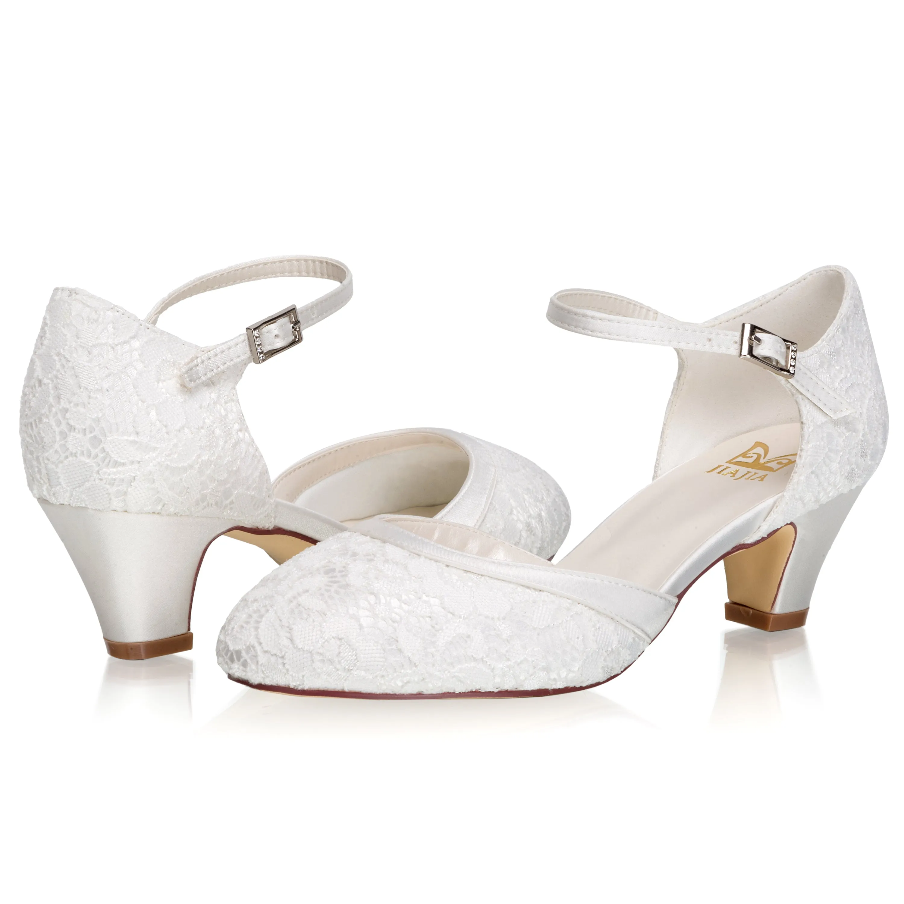 Women's Memory Foam Bridal Shoes Closed Toe 1.9'' Block Low Heel Lace Satin Pumps Wedding Shoes